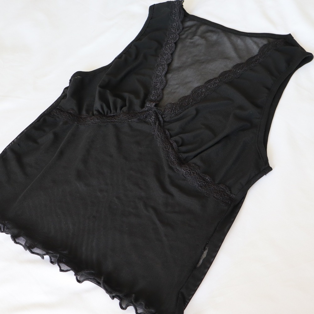 Black Sheer Lace Tank Top V-Neck Women's XS/S Minimalist Layering Chic - Picture 2 of 6